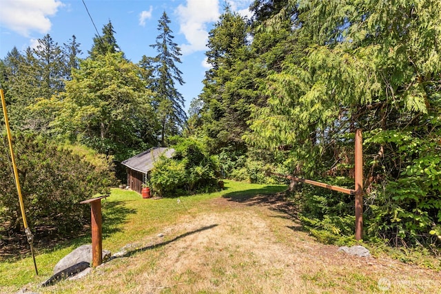 view of yard with a forest view and an outdoor structure