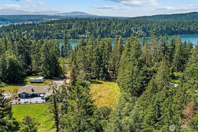 aerial view with a water and mountain view and a view of trees