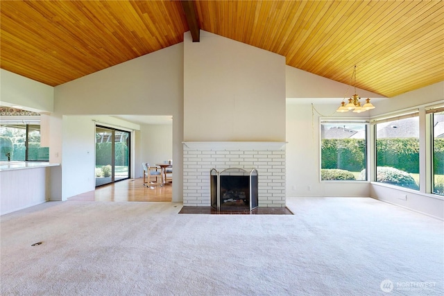 unfurnished living room with high vaulted ceiling, carpet, wooden ceiling, and a fireplace