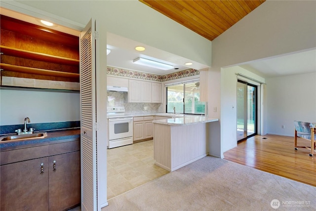 kitchen featuring under cabinet range hood, light colored carpet, a sink, vaulted ceiling, and white electric range oven