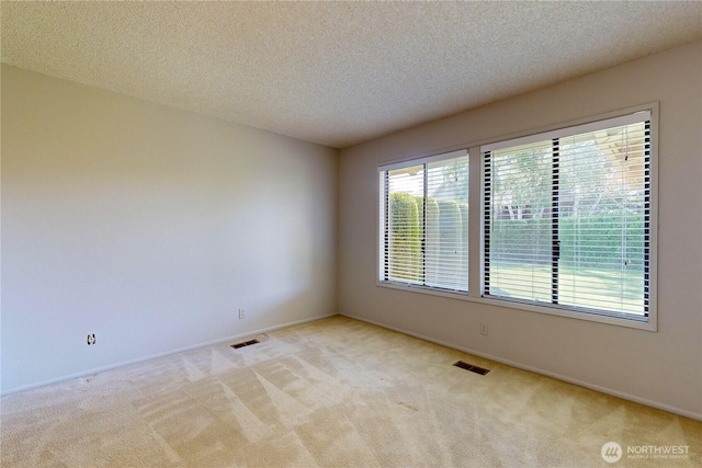 unfurnished room with a textured ceiling, visible vents, and light colored carpet