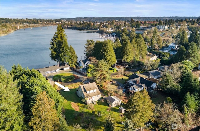 aerial view featuring a water view