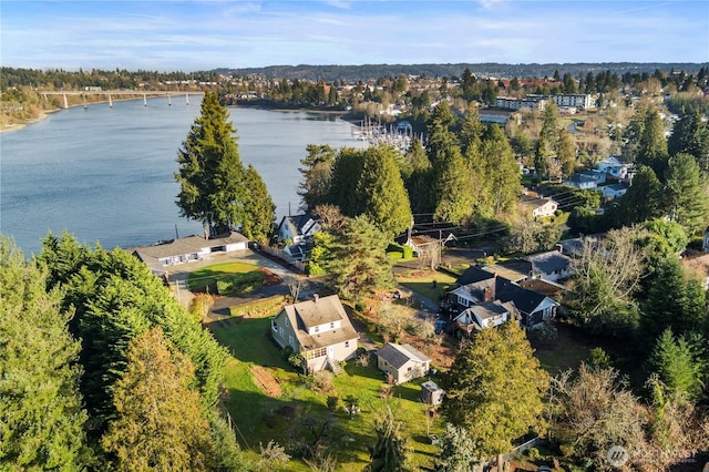 birds eye view of property with a water view