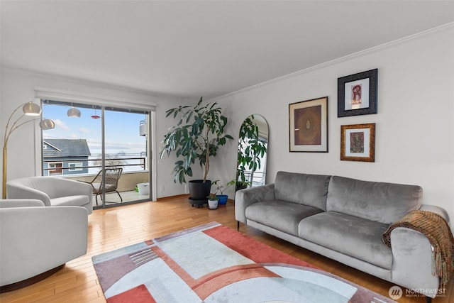 living room with ornamental molding and hardwood / wood-style floors