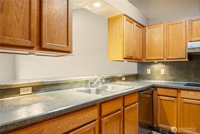 kitchen featuring a sink, ventilation hood, dishwasher, tasteful backsplash, and dark countertops