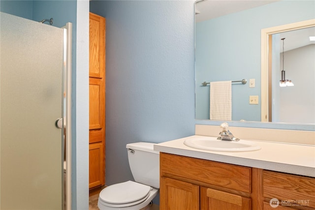 bathroom with toilet, a shower stall, and vanity