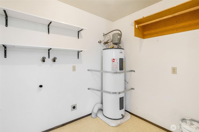 laundry room featuring laundry area, baseboards, water heater, washer hookup, and electric dryer hookup