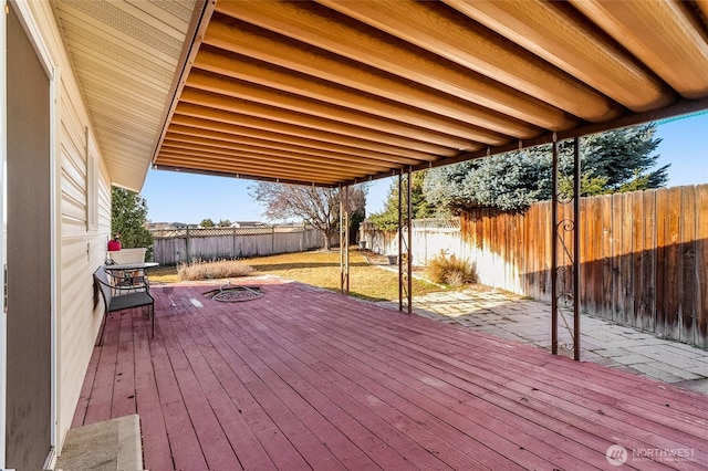 wooden terrace with a patio area and a fenced backyard