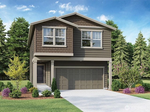 view of front of house featuring a garage, entry steps, concrete driveway, and a front lawn