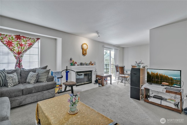 living room featuring a glass covered fireplace and carpet flooring