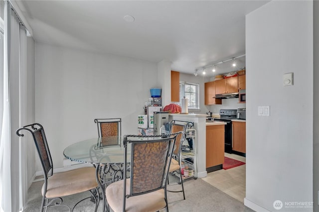 dining space featuring track lighting and baseboards