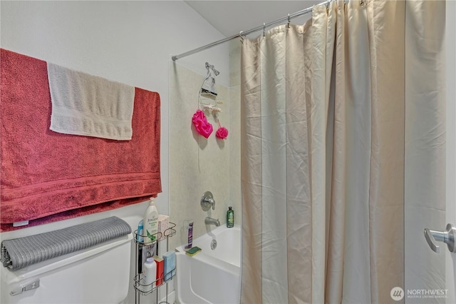 bathroom with toilet and shower / bathtub combination with curtain