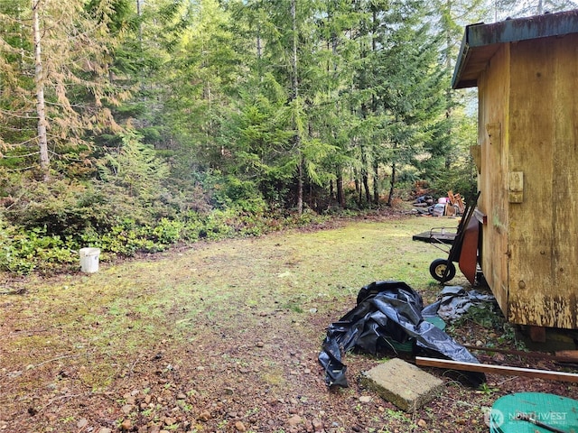 view of yard featuring a wooded view