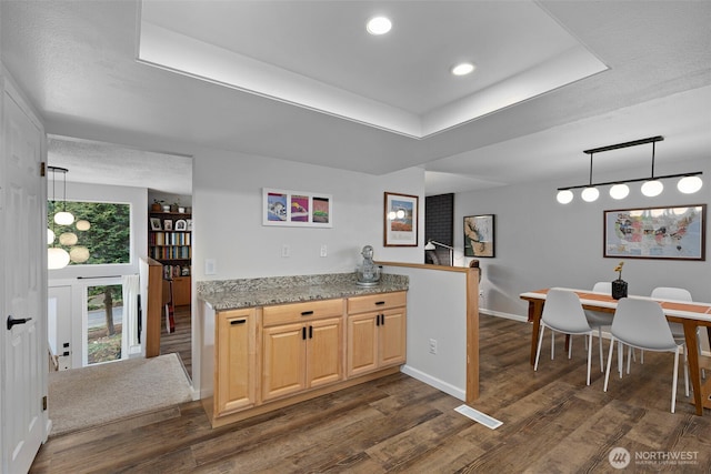 kitchen with light brown cabinetry, dark wood-style floors, visible vents, and a tray ceiling