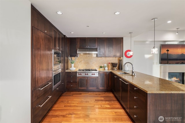 kitchen with a peninsula, a sink, light wood-style floors, appliances with stainless steel finishes, and range hood