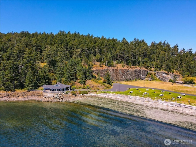 birds eye view of property with a water view and a wooded view