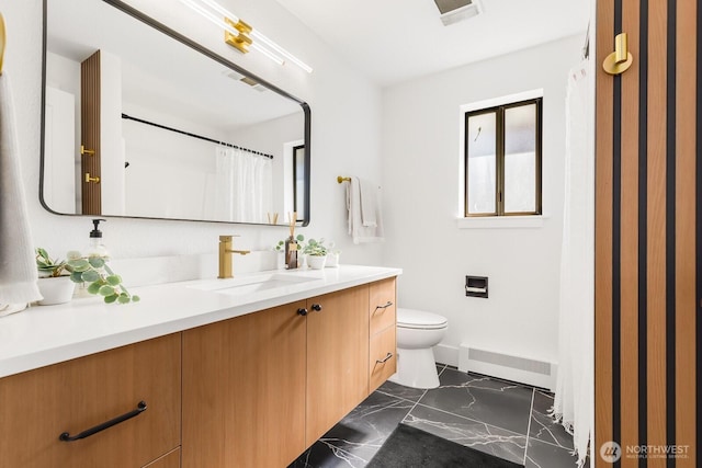 full bathroom with toilet, vanity, visible vents, baseboards, and marble finish floor