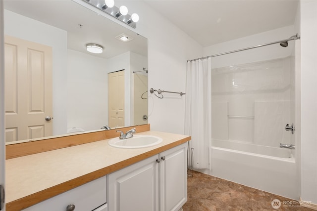 full bath with vanity and shower / bathtub combination with curtain