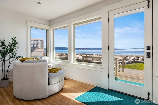 sitting room featuring wood finished floors, a water view, and baseboards