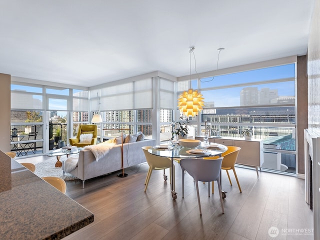 dining space with a view of city and wood-type flooring