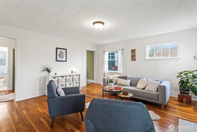 living room with baseboards and wood finished floors