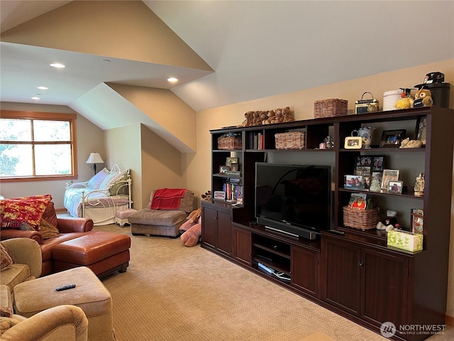 living area featuring lofted ceiling, light carpet, and recessed lighting