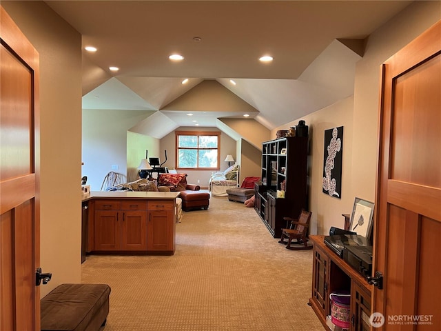 bedroom with recessed lighting, light colored carpet, and vaulted ceiling