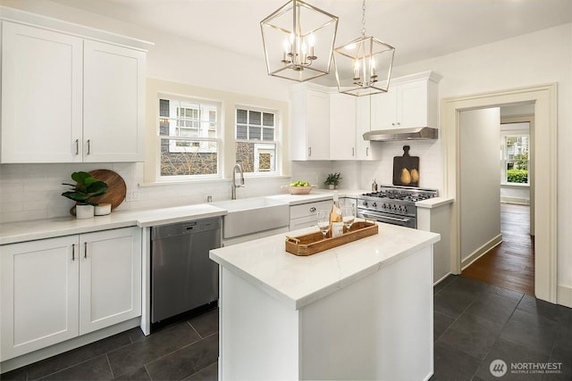 kitchen with under cabinet range hood, stainless steel appliances, white cabinetry, and a sink