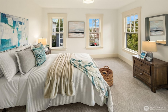 carpeted bedroom with baseboards and multiple windows