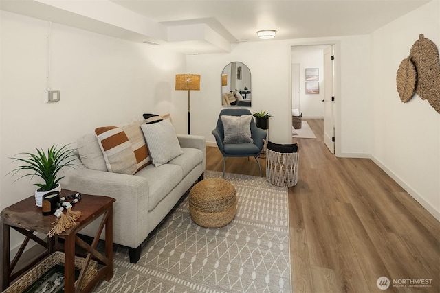 living area featuring baseboards and wood finished floors