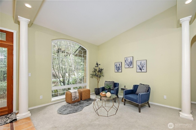 sitting room featuring lofted ceiling, decorative columns, carpet, and recessed lighting