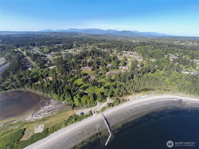 aerial view featuring a forest view and a mountain view