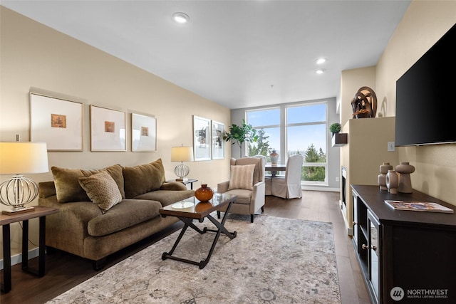 living room with wood finished floors and recessed lighting