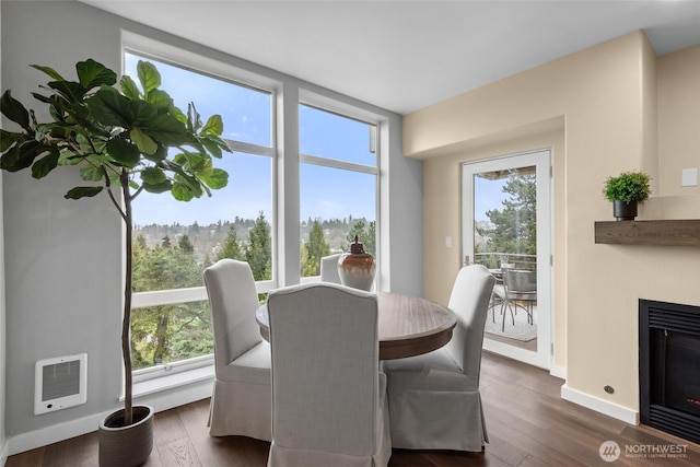 dining room with a fireplace with flush hearth, a wealth of natural light, and dark wood finished floors