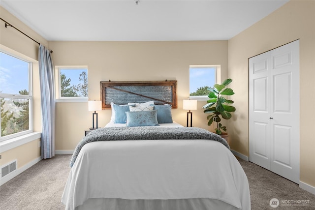 bedroom with carpet, visible vents, and baseboards