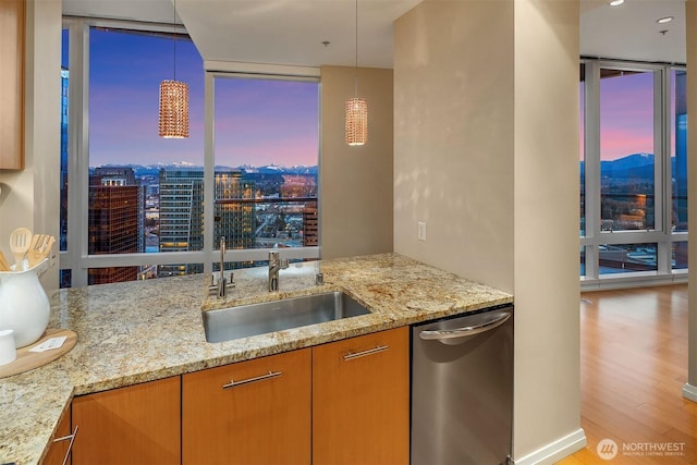 kitchen featuring light stone counters, light wood-style floors, expansive windows, a sink, and dishwasher