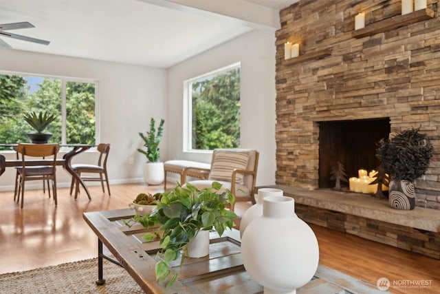 living area featuring a stone fireplace, wood finished floors, and a wealth of natural light