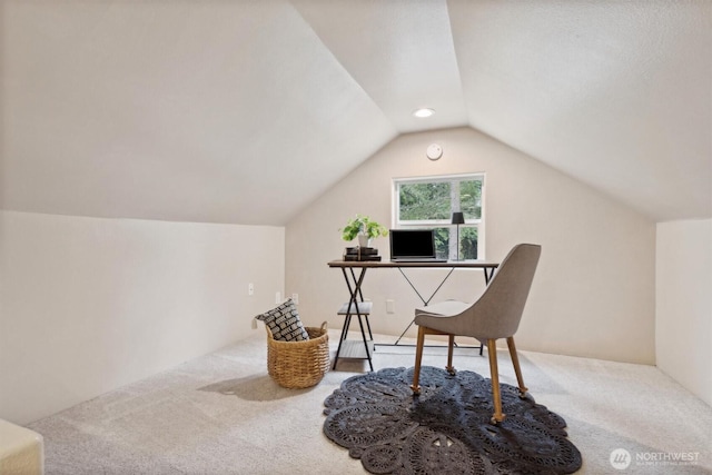 office area with lofted ceiling, carpet, and recessed lighting