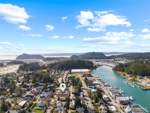 birds eye view of property featuring a water view