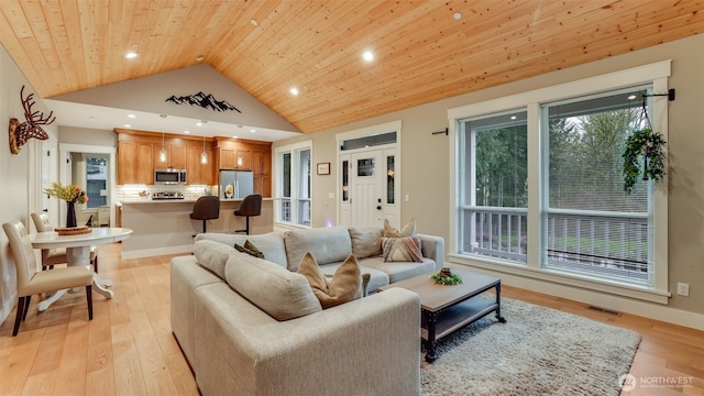 living area with recessed lighting, visible vents, light wood-type flooring, wooden ceiling, and baseboards