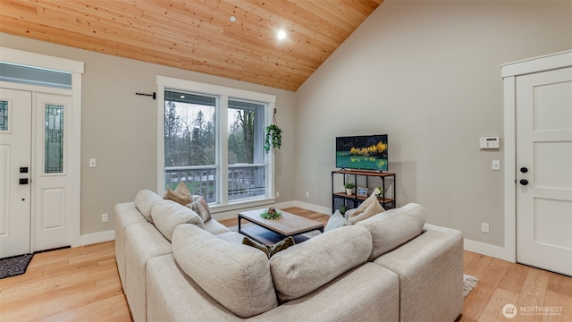 living area with high vaulted ceiling, light wood-type flooring, wood ceiling, and baseboards