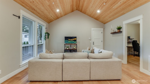 living room with lofted ceiling, wooden ceiling, baseboards, and light wood finished floors