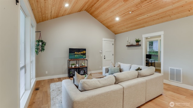 living room with light wood-type flooring, wooden ceiling, visible vents, and baseboards