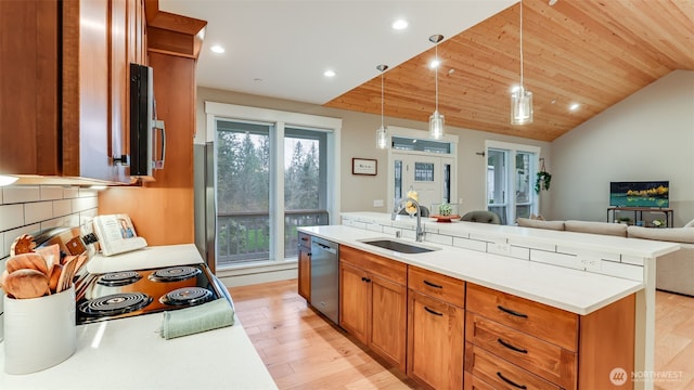 kitchen featuring a sink, light wood-style flooring, open floor plan, and dishwasher