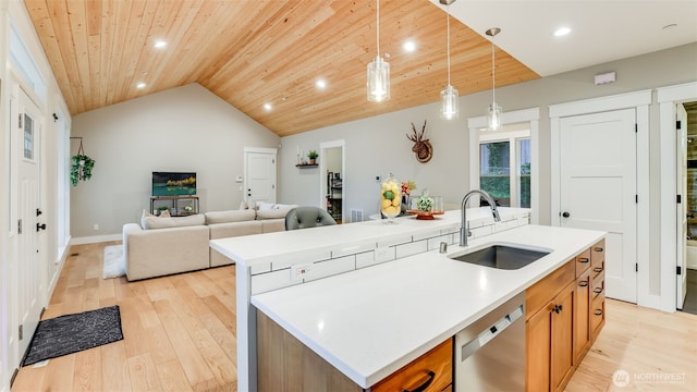 kitchen featuring a sink, wooden ceiling, vaulted ceiling, and dishwasher