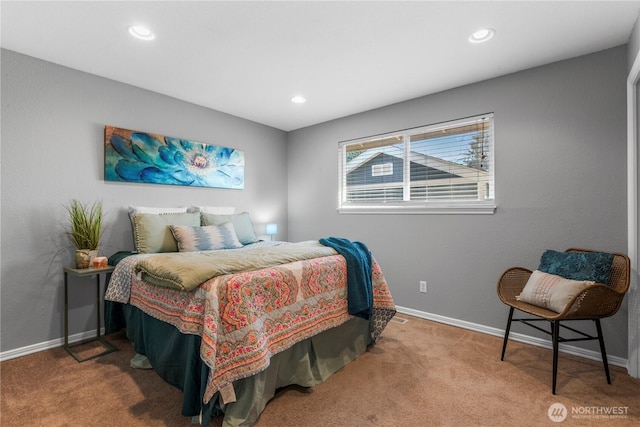 bedroom featuring carpet, baseboards, and recessed lighting