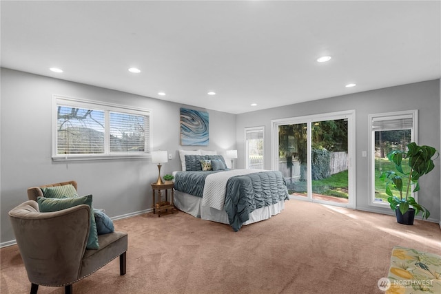 bedroom with access to outside, multiple windows, recessed lighting, and light colored carpet