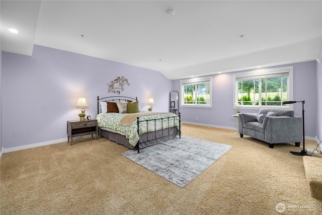 bedroom with baseboards, recessed lighting, and light colored carpet