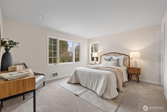 bedroom with carpet, visible vents, and baseboards