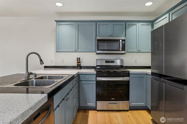 kitchen featuring a sink, light wood-style flooring, recessed lighting, and stainless steel appliances